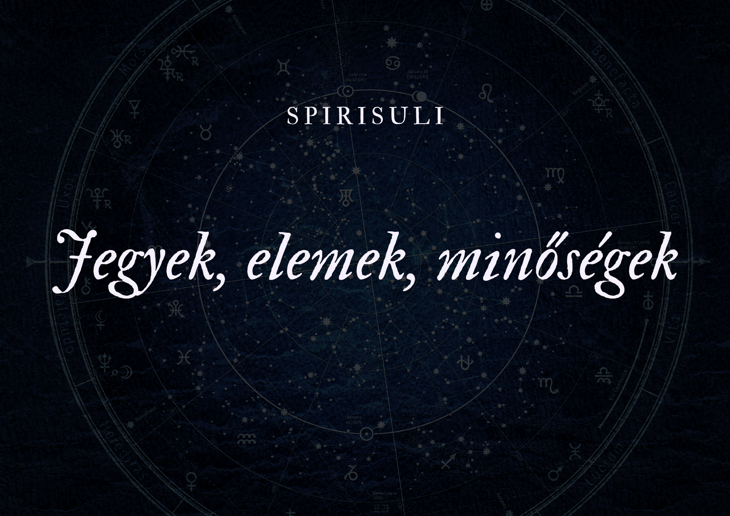 Promotional image featuring a dark background with a circular graphic and text that reads 'SpiriSuli Jegyek, elemek, minósék' with a astrological/spiritual theme.