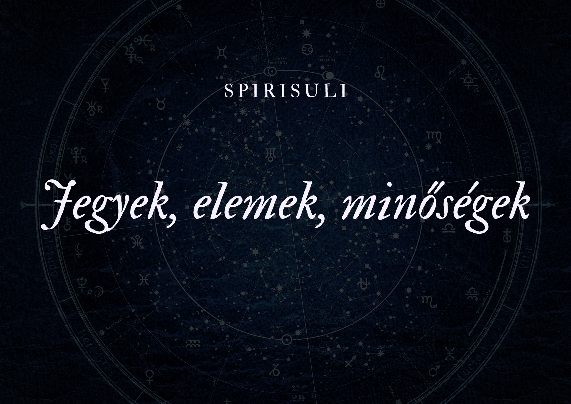 Promotional image featuring a dark background with a circular graphic and text that reads 'SpiriSuli Jegyek, elemek, minósék' with a astrological/spiritual theme.