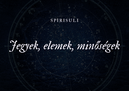 Promotional image featuring a dark background with a circular graphic and text that reads 'SpiriSuli Jegyek, elemek, minósék' with a astrological/spiritual theme.