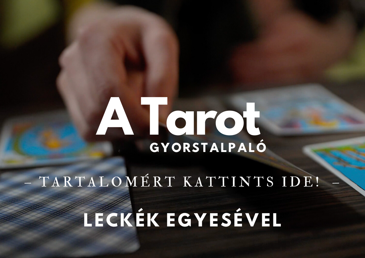 A person is shuffling a tarot card deck, with the visible cards showing various colorful illustrations. In the background, a person is seated at a table, apparently reading or writing.