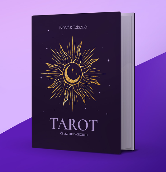 Tarot tankönyv borító kép, lila borító arany nap-hold szimbólummal, Novák László által írva